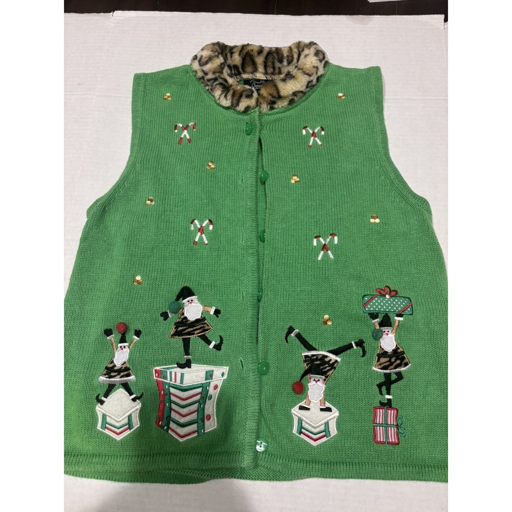 Crystal Kobe Green Holiday Ugly‎ Christmas Sweater Vest Button Up Fur Collar Med